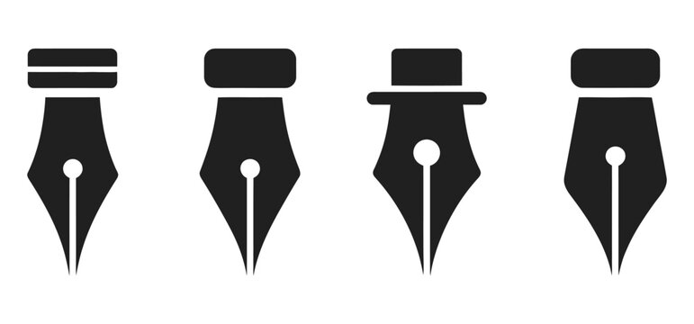 black silhouette pen nib icons, vector illustration, calligraphy and writing tool symbols, office and stationery graphics, fountain pen design elements, flat vector set for web, app, and print use.