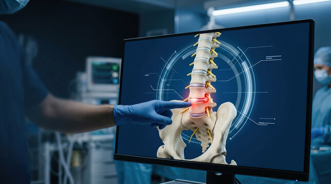 Medical spine spinal cord lumbar vertebra back pain spine injury orthopedic surgeon digital display hospital diagnosis healthcare concept Medical spine spinal cord lumbar vertebra back pain spine