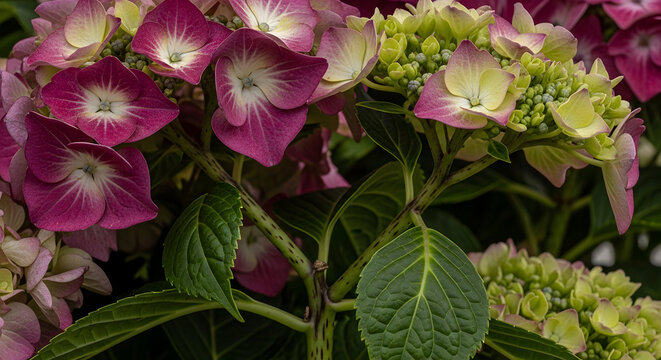 Vibrant pink and green hydrangea flowers in bloom