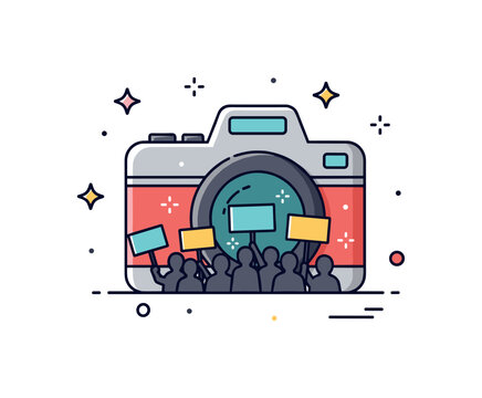 Grassroots activism photography depicted as a camera capturing a small crowd silhouette holding simple placards with subtle sparkle accents