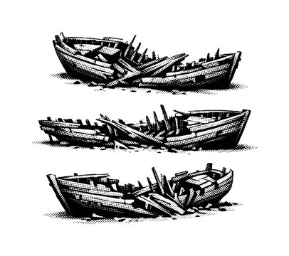 Broken boat wreck ? A wrecked wooden boat shown as the same object in three different orientations, emphasizing snapped keel sections, exposed ribs, and