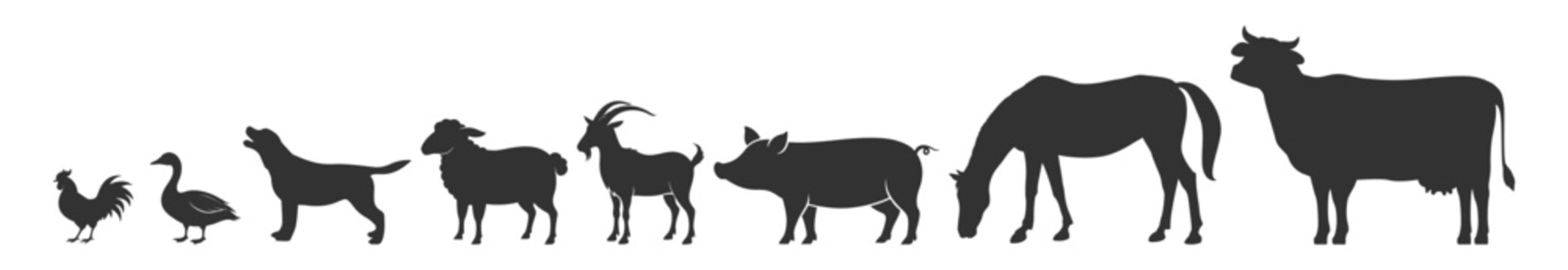 Silhouette farm animal icon set including rooster, dog, duck, sheep, goat, pig, horse, and cow on transparent background