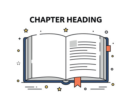 Chapter open book with a bold heading line at the top of the page and a small bookmark ribbon, expressing the beginning of a new section and structured