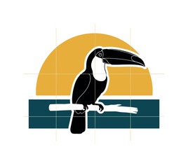 Fototapeta premium Realistic black and white toucan with oversized beak, bold mustard yellow half circle framing upper area, deep teal rectangular base anchoring the perch, thin