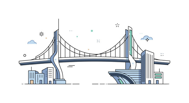 Futuristic skybridge with sleek curved design suspended high above simplified buildings symbolizing progress and forward thinking architecture. Clean lines and