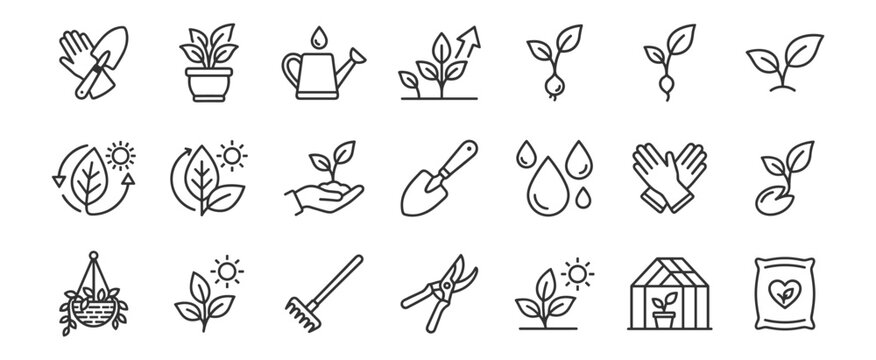 Line gardening icons set with plant, watering can, gloves, rake, trowel, sprout, greenhouse, and fertilizer on transparent background