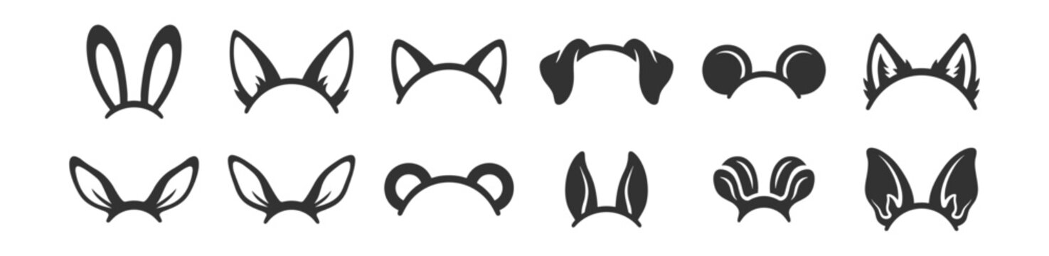 vector animal ear headbands set, cartoon accessories collection on transparent background