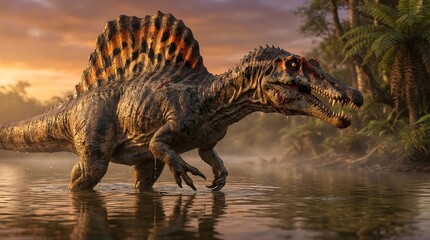 Obraz premium Spinosaurus walking through water in a jungle. This image captures the prehistoric giant in its natural habitat
