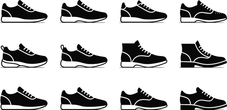 Collection of shoe silhouette vector illustration set sneakers running shoes casual footwear fashion sport style design graphic artwork