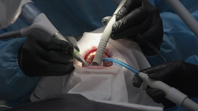 Dental hygienist performs a professional oral hygiene treatment using an air polisher and saliva ejector to remove plaque and tartar from a patient's teeth during a routine check-up