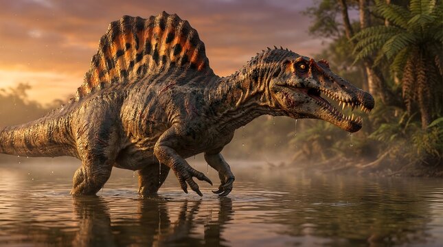 Spinosaurus walking through water in a jungle. This image captures the prehistoric giant in its natural habitat
