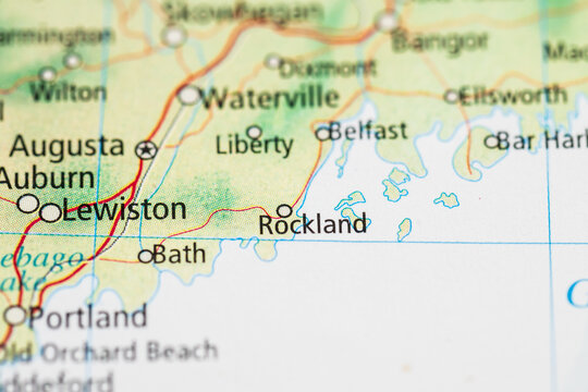 Printed road map detail of Lewiston and Rockland Maine.