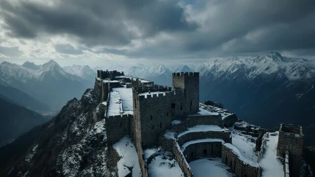 Cinematic aerial flyover of ancient mountain citadel covered in light snow