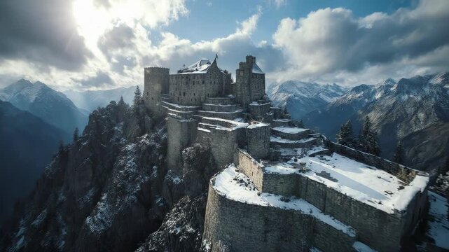 Cinematic aerial flyover of ancient mountain citadel covered in light snow