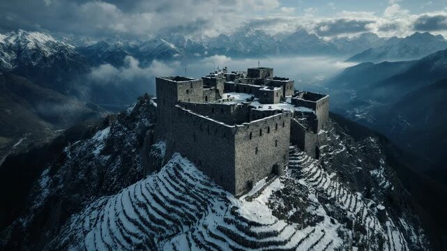 Cinematic aerial flyover of ancient mountain citadel covered in light snow