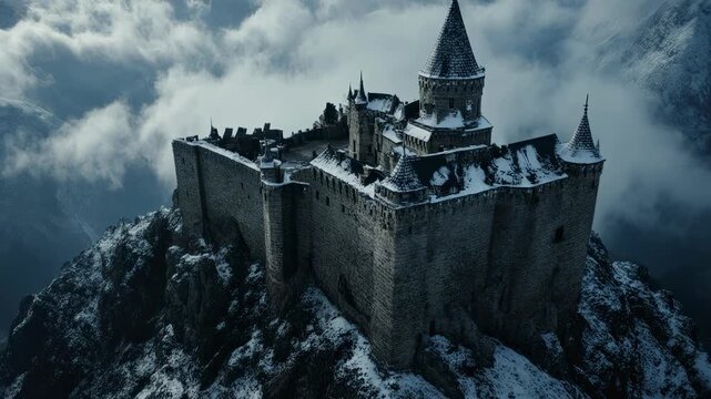 Cinematic aerial flyover of ancient mountain citadel covered in light snow