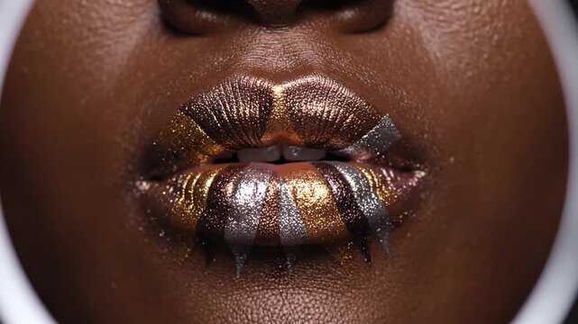 Close-up of a persons lips with metallic lipstick.