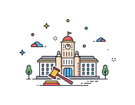 Legislative decision making scene centered on a simplified parliament building with a small gavel icon in front, symbolizing authority and policy enforcement.