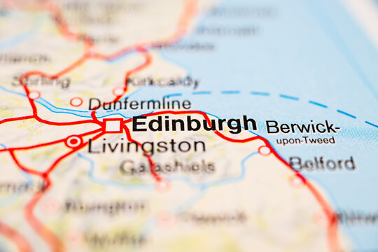 Macro road map detail highlighting Edinburgh and Livingston Scotland.