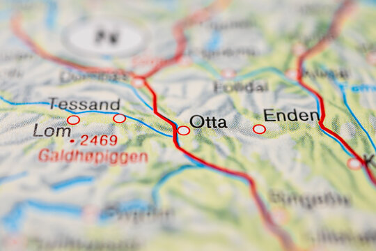 Macro atlas view of Otta and Lom near Galdhopiggen Norway mountains.