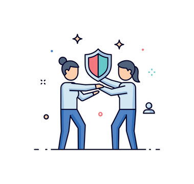 Corporate trust exercise featuring two simplified figures supporting each other with a subtle shield accent, conveying reliability, confidence, and mutual