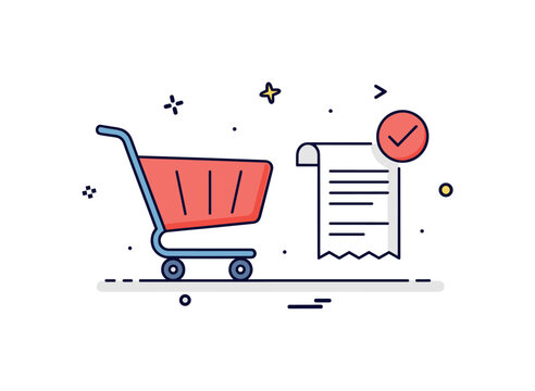 Checkout process concept showing a grocery cart aligned with a simple receipt icon and subtle checkmark accent, symbolizing completed purchase and transaction