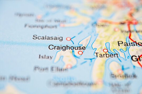 Close up road map detail of Craighouse and Tarbert in western Scotland.
