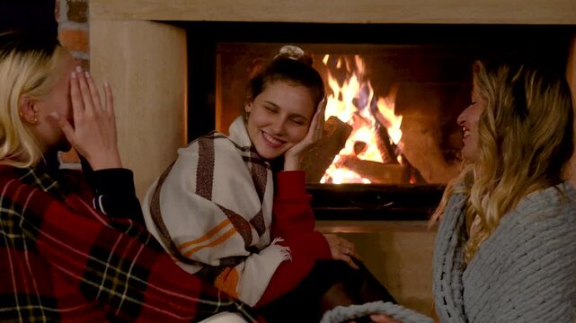 Young friends enjoying a cozy fireside moment, talking and smiling in a warm indoor environment, reflecting authentic lifestyle, comfort, and relaxed winter evening atmosphere