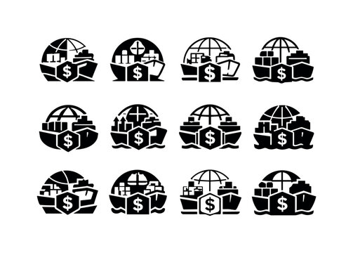The impact of tariffs and trade policies on global commerce. Icon set. Set Logo of the impact of tariffs and trade policies on global commerce: cargo ship.