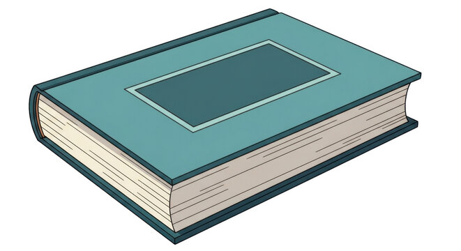 A closed hardcover book with a teal cover and a rectangular inset panel.