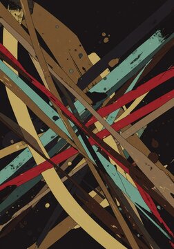 Bold lines and saturated color fields forming a chaotic yet balanced non-objective artwork texture. Modern creativity, wallpaper, shape, layering