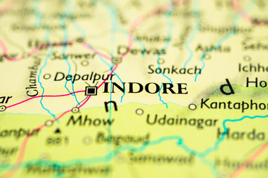 Close up of Indore and Mhow area on detailed Madhya Pradesh India map.