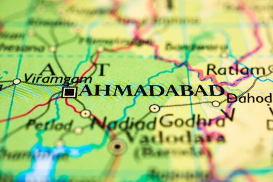 Detailed map view of Ahmedabad Gujarat India showing major roads and nearby cities.