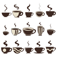 Obraz premium Hand Drawn Coffee Cup Set with Steam, Minimal Line Art Beverage Icons
