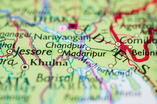 Close up map view of Jessore Khulna and Madaripur region in Bangladesh.