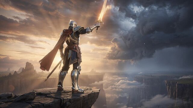 caucasian vanguard commander inspiring troops with flaming blade