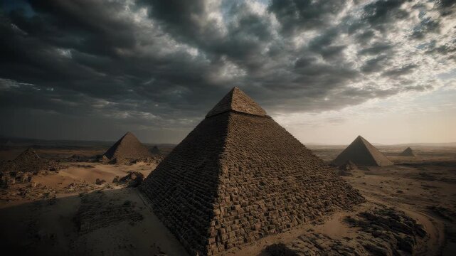 realistic cinematic drone flyover of ancient desert pyramid complex under dramatic sky