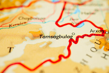Naklejka premium Closeup of Tamsagbulag near Mongolia China border on atlas map.