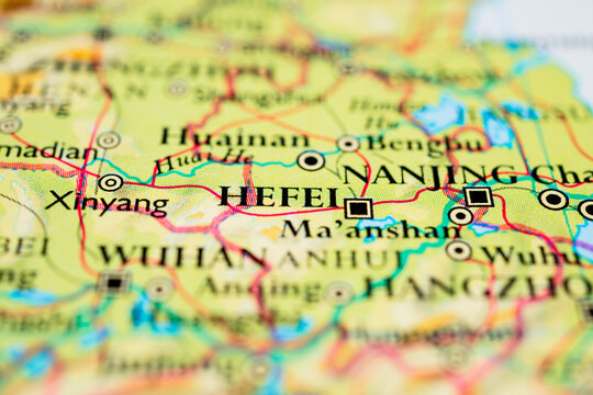 Close up map view of Hefei and Nanjing region in eastern China.