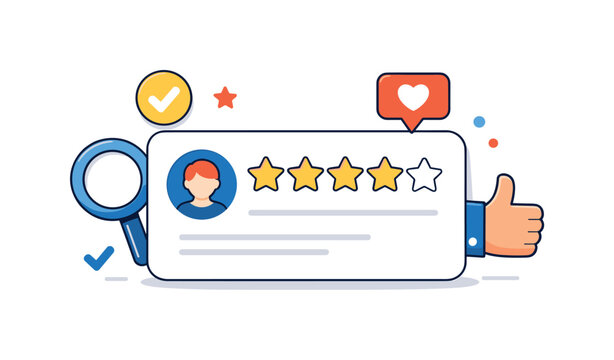 Online review stars focused on decision making and social proof in digital services. A clean editorial-style scene combining star icons with a simple card or