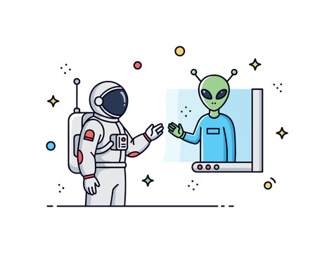 Alien hologram exchange suited astronaut extending a cautious hand toward a projected extraterrestrial form generated by a sleek device, conveying