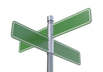 Obraz premium Green street sign post with two directional arrows on isolated white background for navigation and direction
