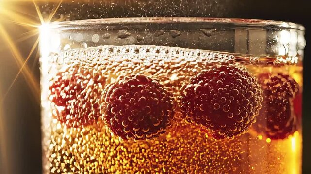 Macro Slow Motion of Natural Carbonation Bubbles Rising in Kombucha with Berries