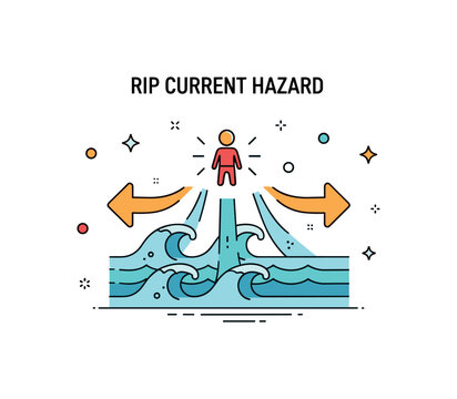Rip current hazard theme illustrated with a small figure above stylized wave arrows pulling outward, expressing invisible forces and the importance of water