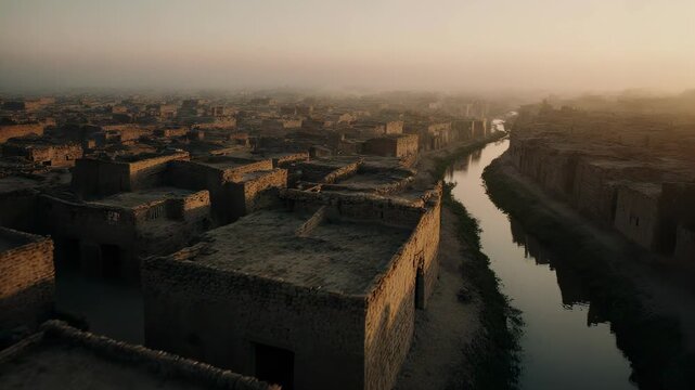 Cinematic sunrise aerial over ancient river civilization with mud brick buildings