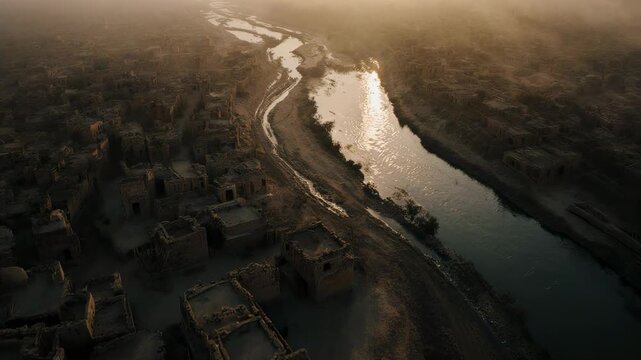 Cinematic sunrise aerial over ancient river civilization with mud brick buildings