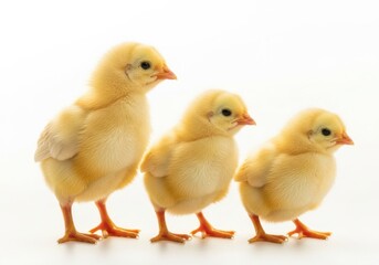 Naklejka premium Three adorable yellow chicks standing in a row isolated on white background, cute and fluffy