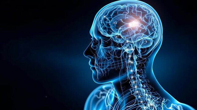 a glowing brain is seen in the side view of an adult human head on a dark blue background, in an x-ray style illustration with a black outline and a glowing effect. the visual representation features 