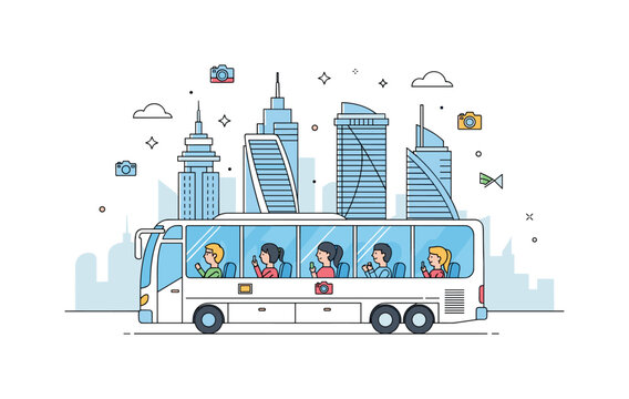 City tour bus sightseeing with a small group of tourists looking through wide windows at modern architectural landmarks, expressing curiosity, discovery, and