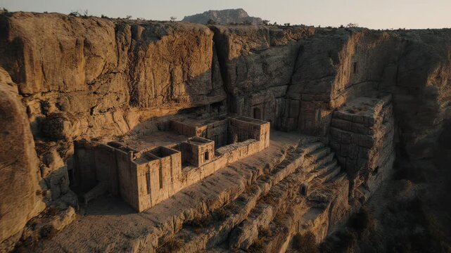  realistic drone flyover of ancient cliffside settlement carved into mountain rock